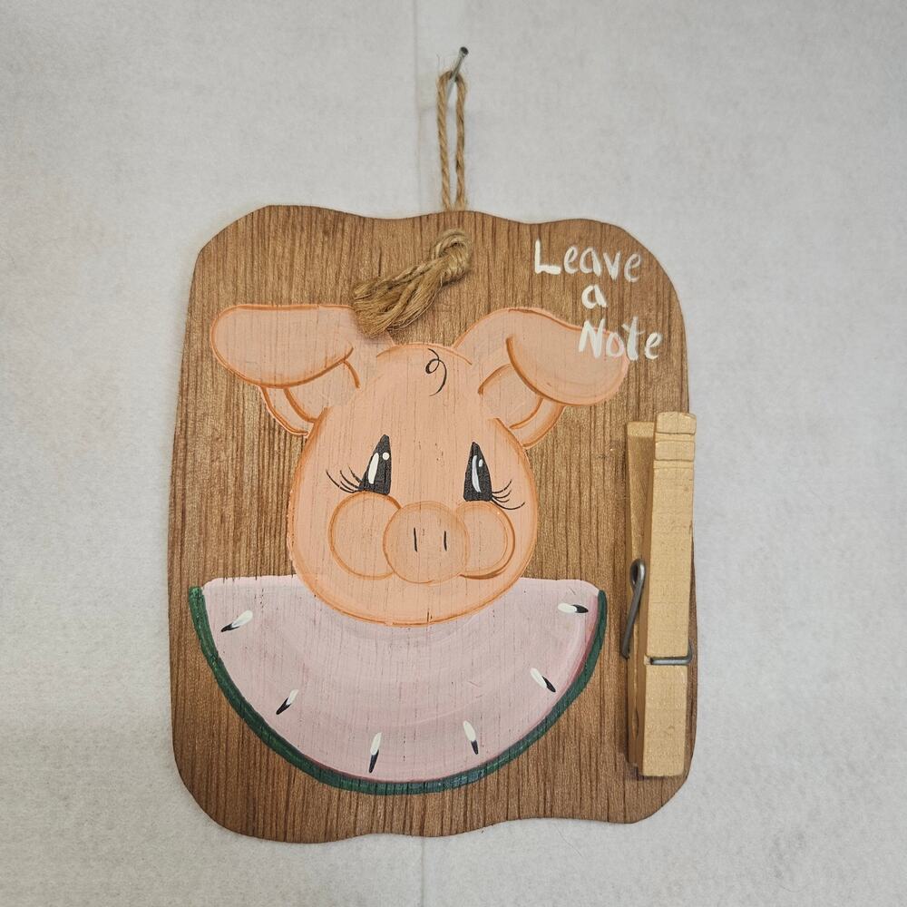 Vintage Handmade Folk Art Wooden Pig Wall Hanging Message Center Note Holder